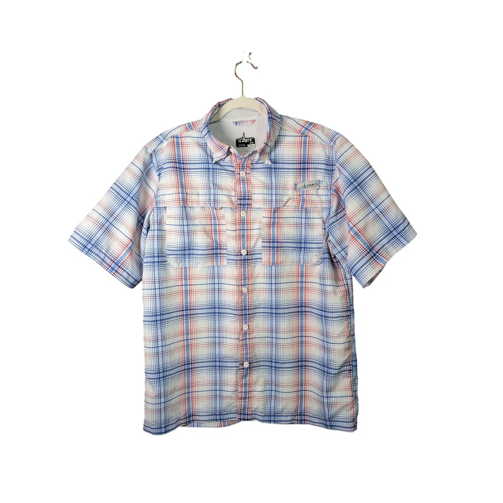 Habit Mens M Short Sleeve Fishing Shirt Blue Quartz Plaid UPF 40+ TS10294